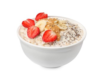 Photo of Tasty boiled oatmeal with strawberries, banana, chia seeds and peanut butter in bowl isolated on white