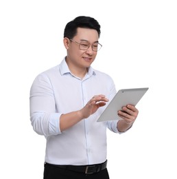 Businessman in formal clothes with tablet on white background