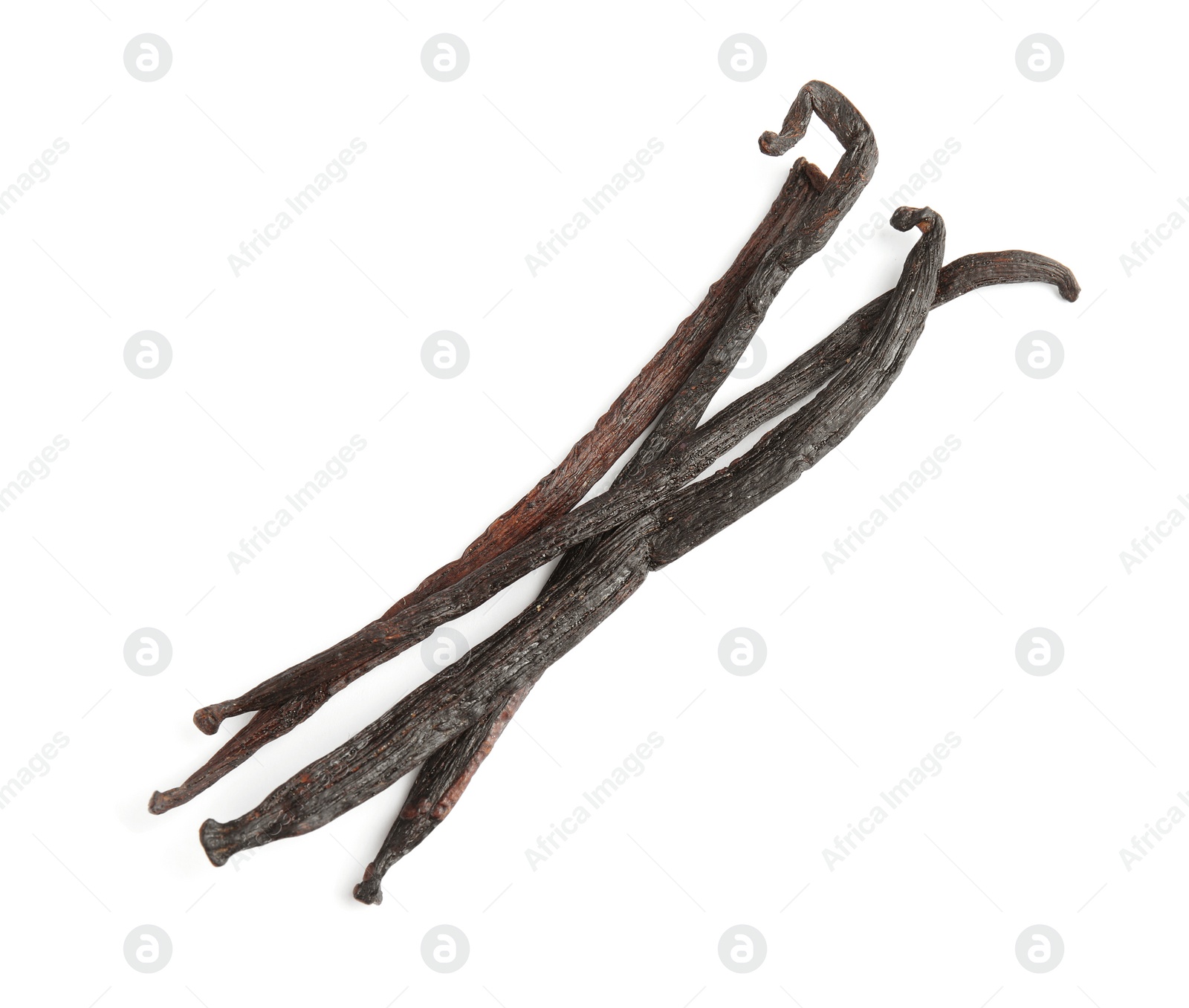 Photo of Dried aromatic vanilla sticks on white background, top view