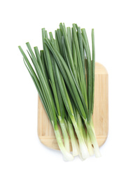 Fresh green spring onions isolated on white, top view