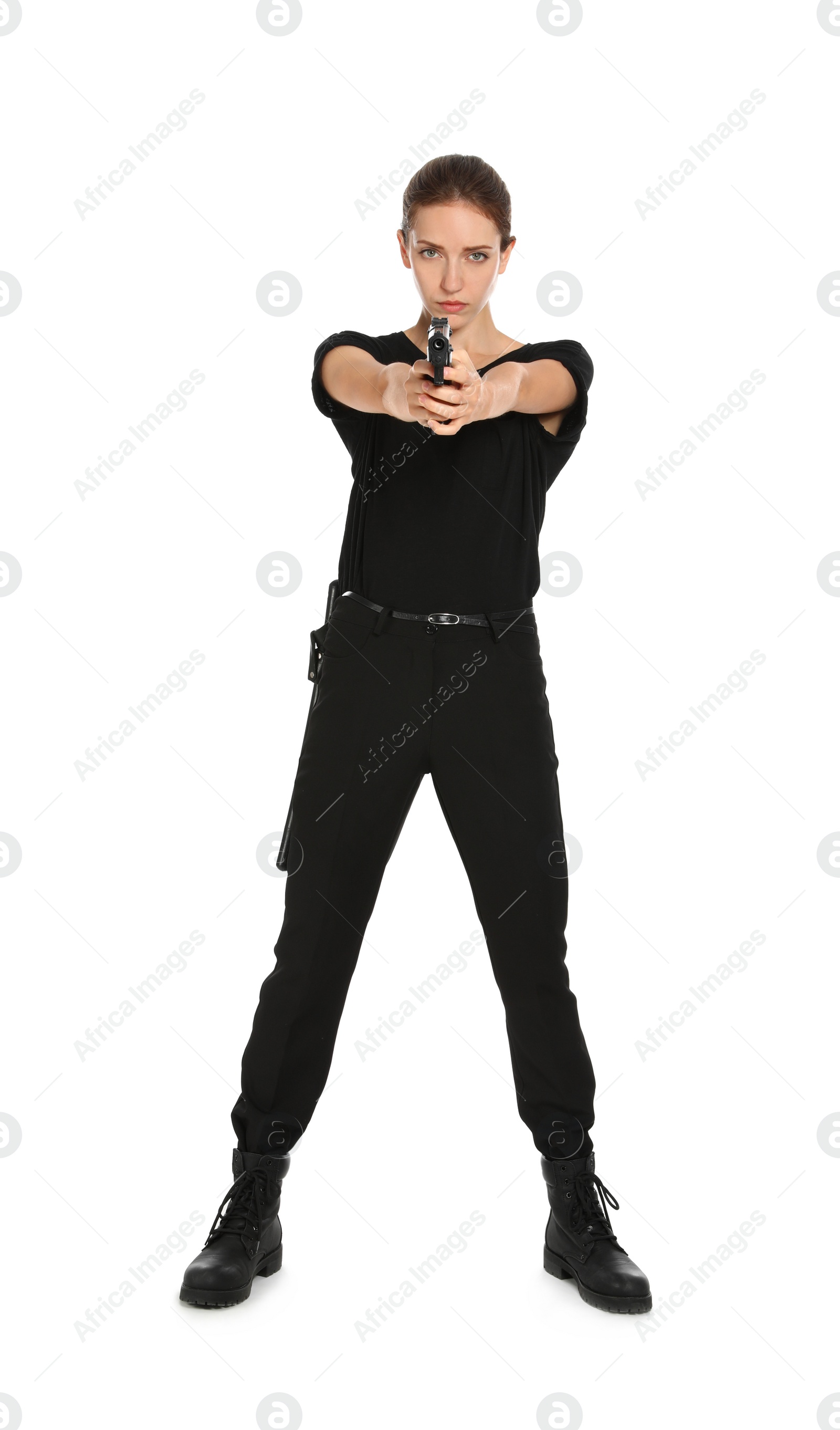 Photo of Female security guard in uniform with gun on white background