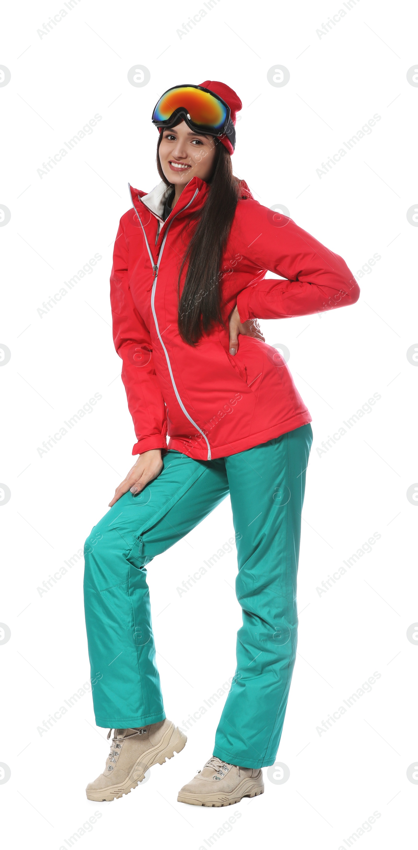 Photo of Woman wearing stylish winter sport clothes on white background