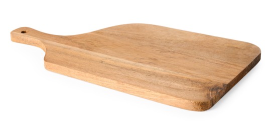 Photo of One wooden cutting board on white background