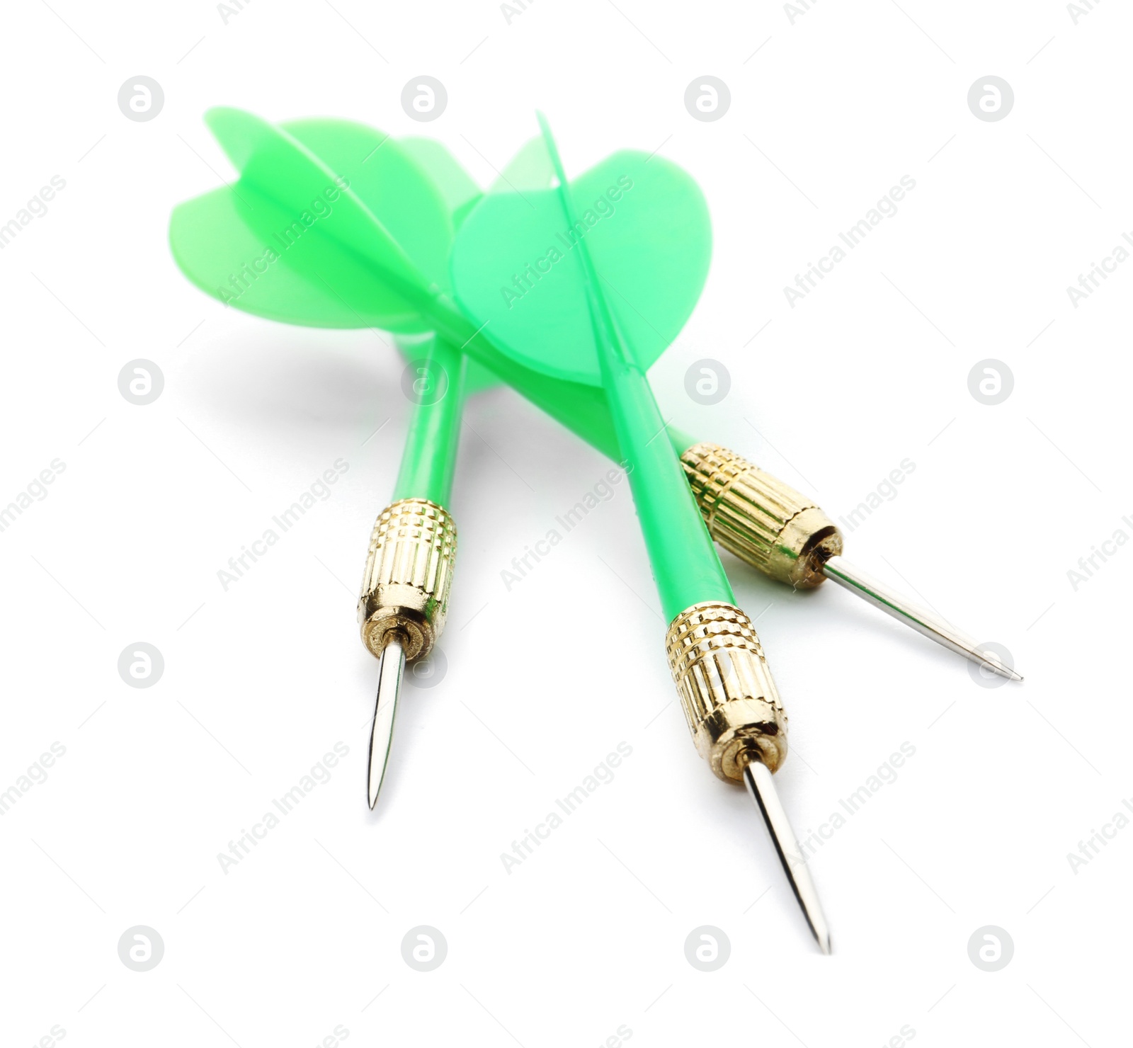 Photo of Sharp bright green darts isolated on white