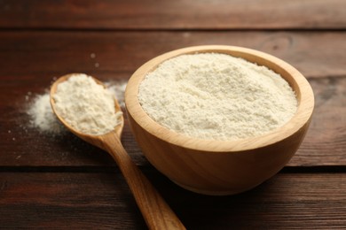 Photo of Baking powder in bowl and spoon on wooden table, closeup