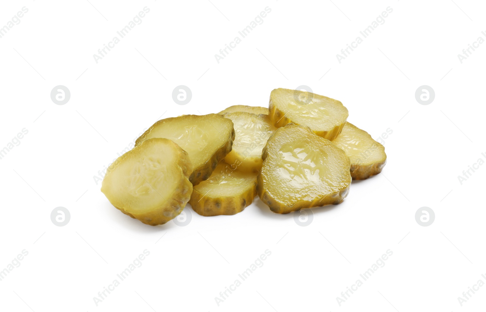 Photo of Slices of pickled cucumbers on white background