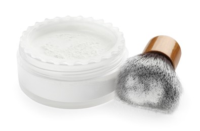 Rice face powder and brush isolated on white. Natural cosmetic