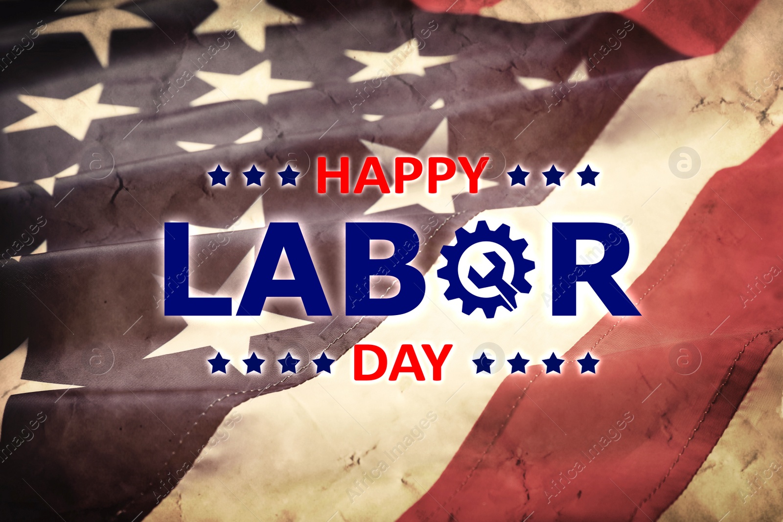 Image of Happy Labor Day. American flag as background, closeup view