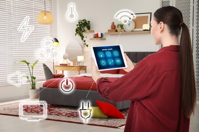 Woman using smart home control system via application on tablet indoors. Different icons connected with device