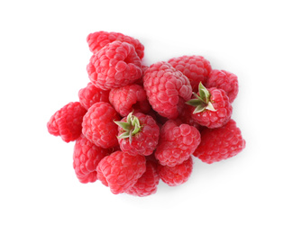 Photo of Pile of fresh ripe raspberries isolated on white, top view