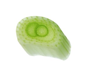 Piece of fresh green onion isolated on white, top view