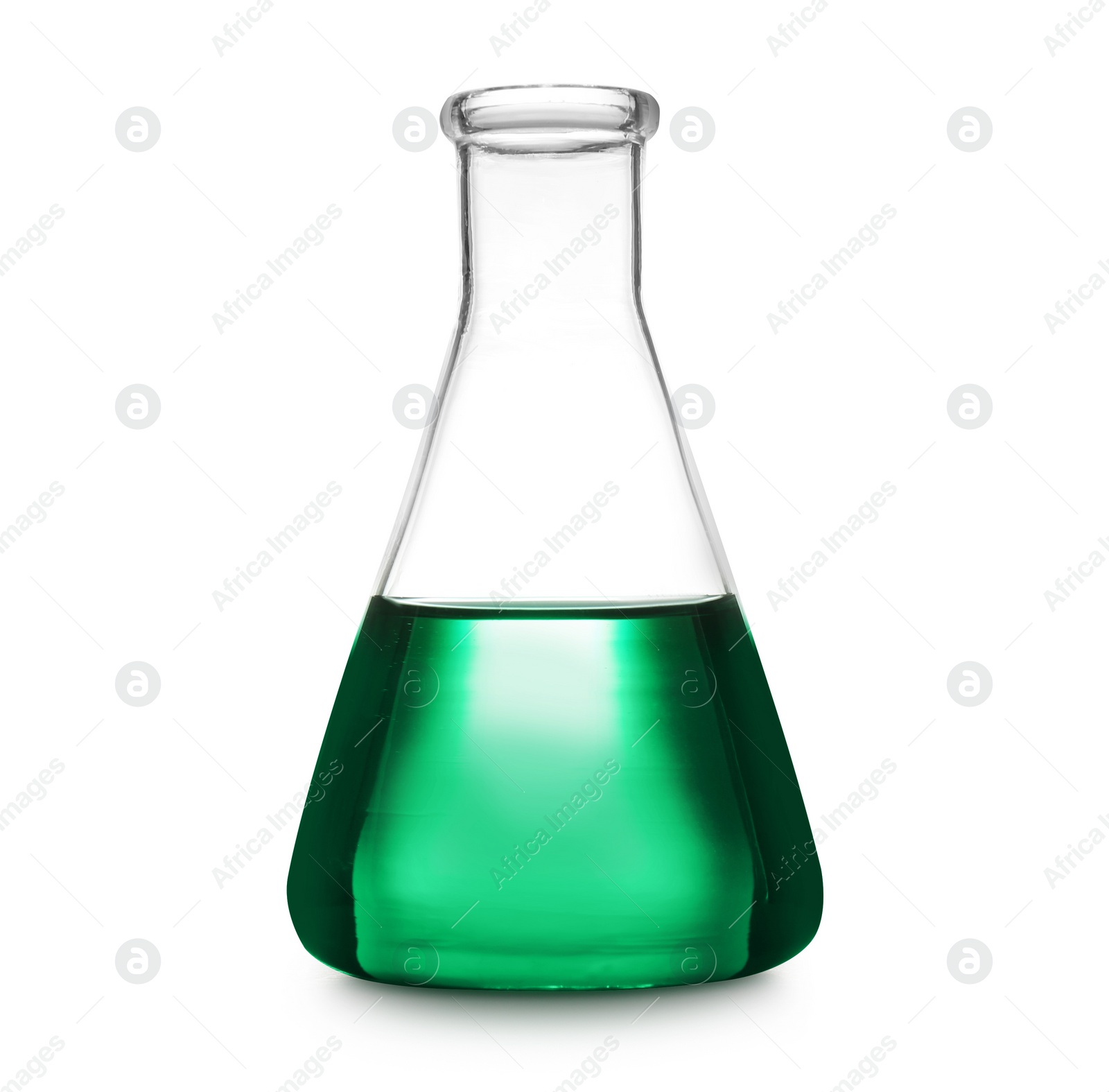 Photo of Laboratory glassware with color sample on white background. Solution chemistry