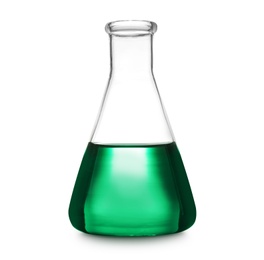 Photo of Laboratory glassware with color sample on white background. Solution chemistry