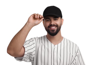 Photo of Man in stylish black baseball cap on white background