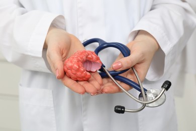 Endocrinologist holding stethoscope and model of thyroid gland, closeup