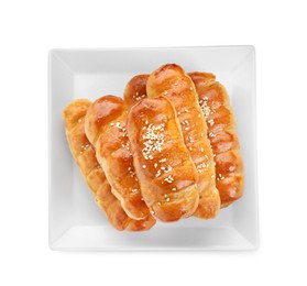 Photo of Plate with delicious sausage rolls isolated on white, top view