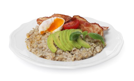 Photo of Delicious boiled oatmeal with egg, bacon, tomato and avocado isolated on white
