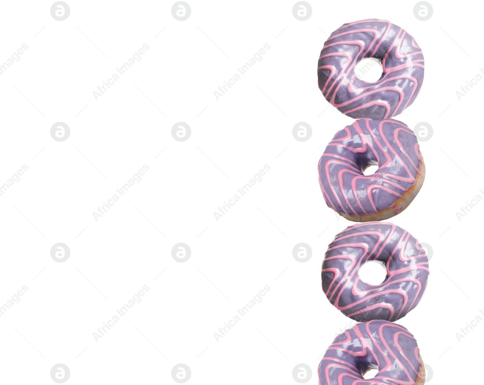 Image of Tasty donuts with sprinkles on white background