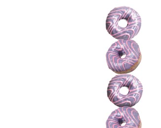 Image of Tasty donuts with sprinkles on white background