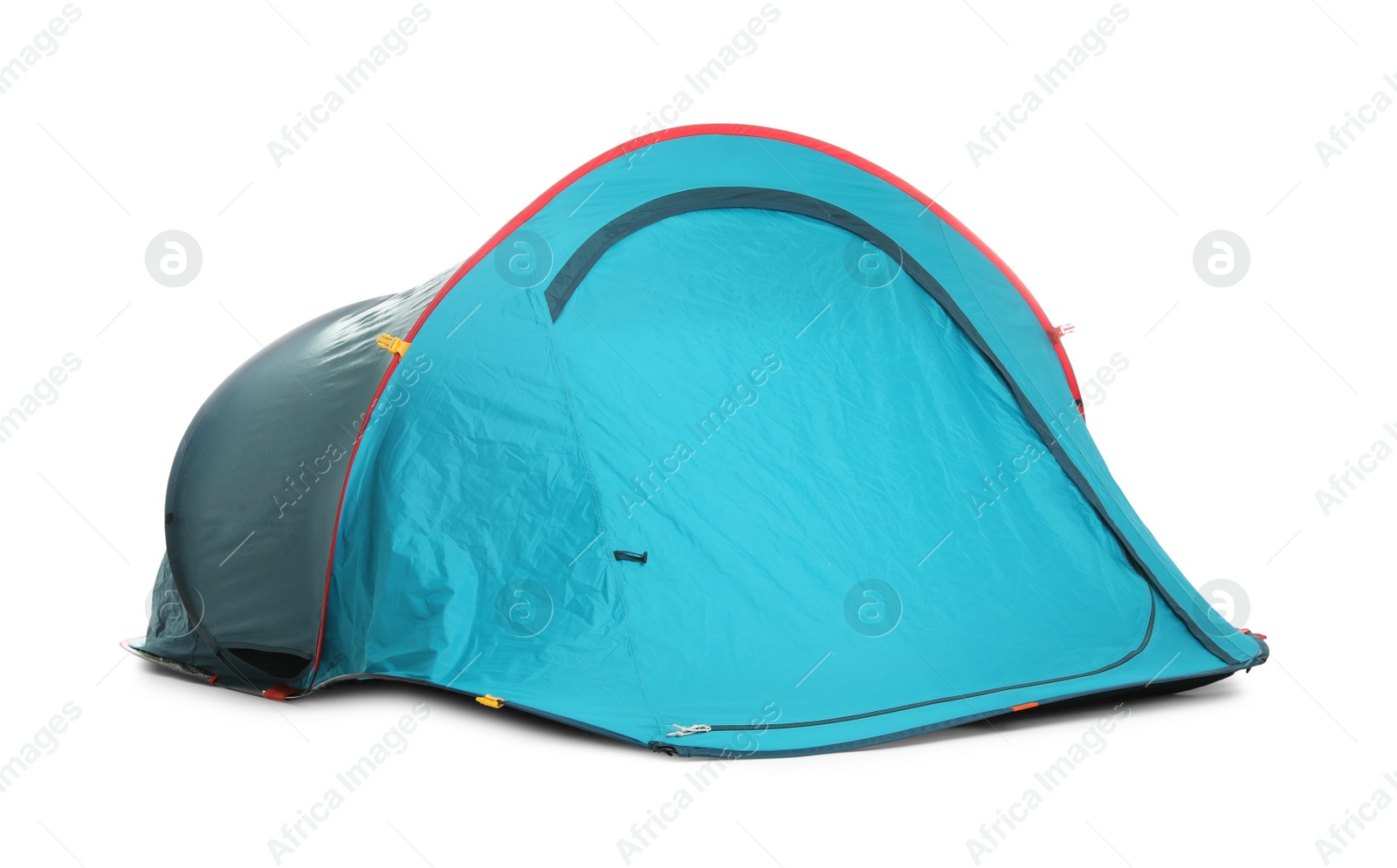 Photo of Light blue camping tent on white background