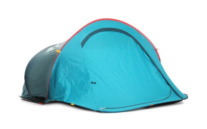 Photo of Light blue camping tent on white background