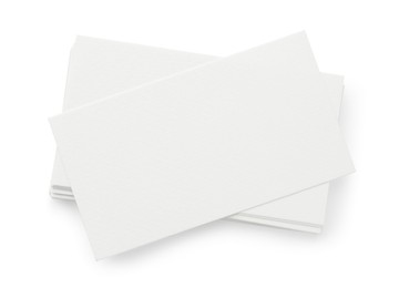 Photo of Blank business cards isolated on white, top view. Mockup for design