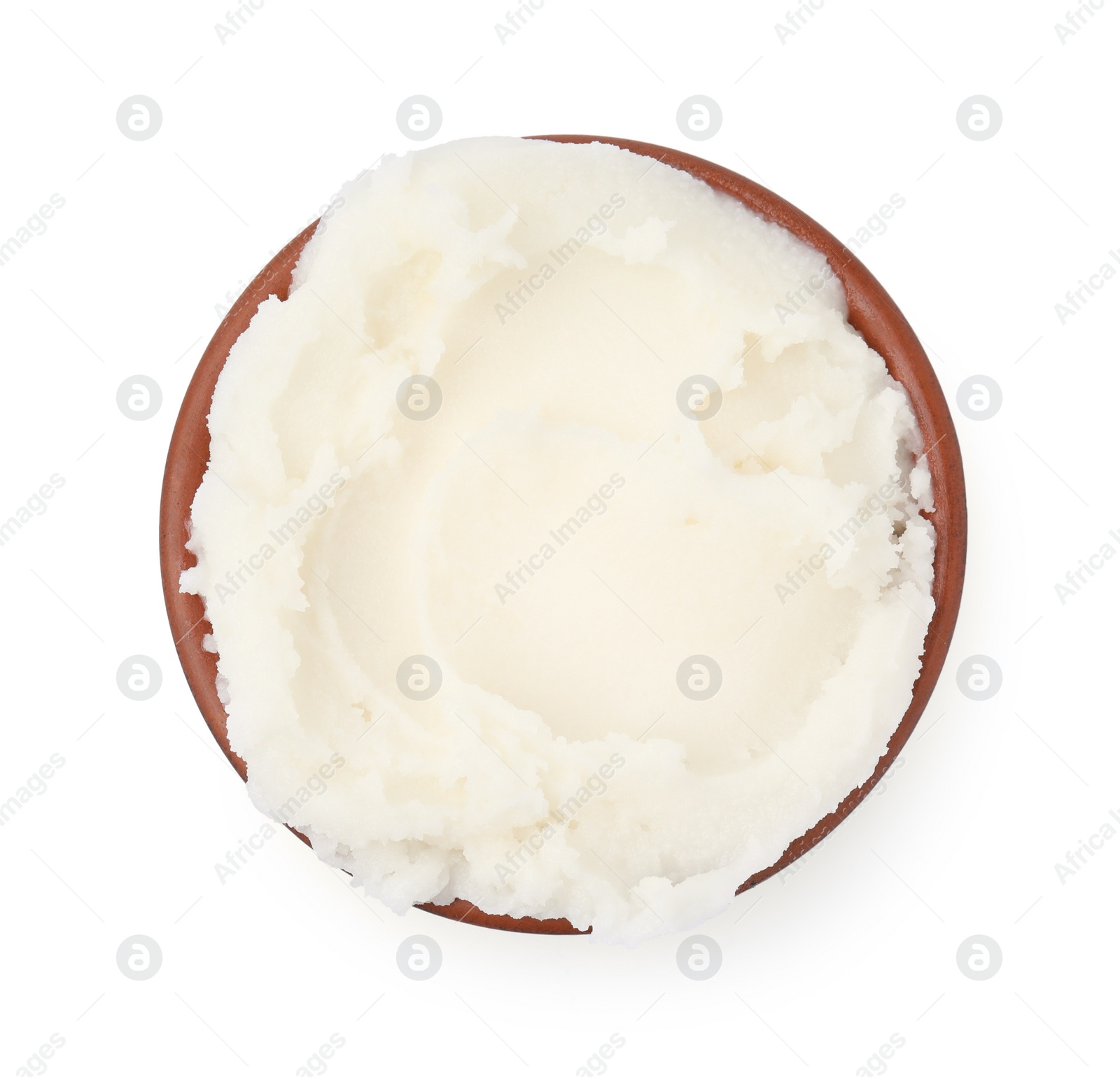 Photo of Delicious pork lard in bowl isolated on white, top view
