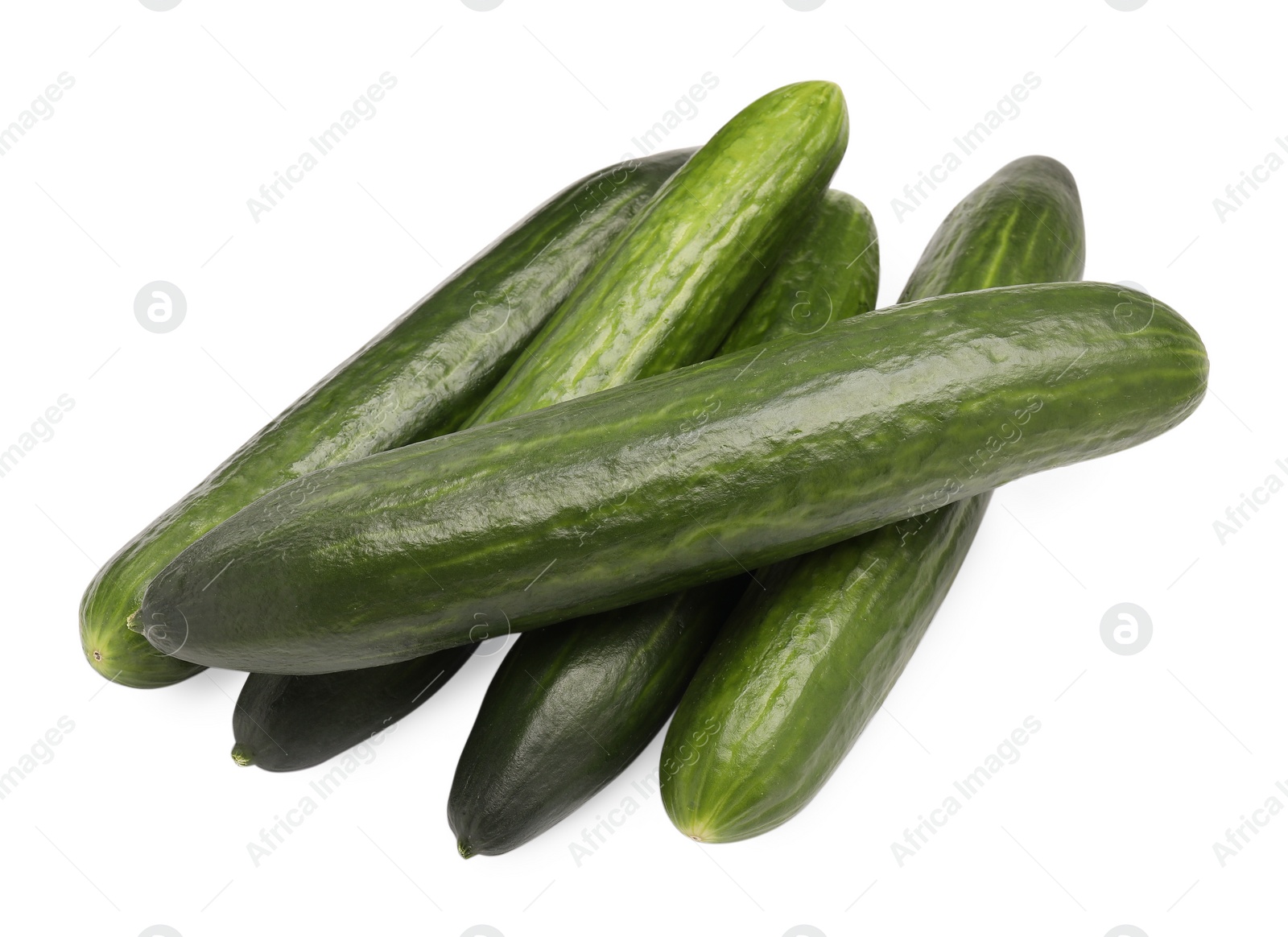 Photo of Many long fresh cucumbers isolated on white