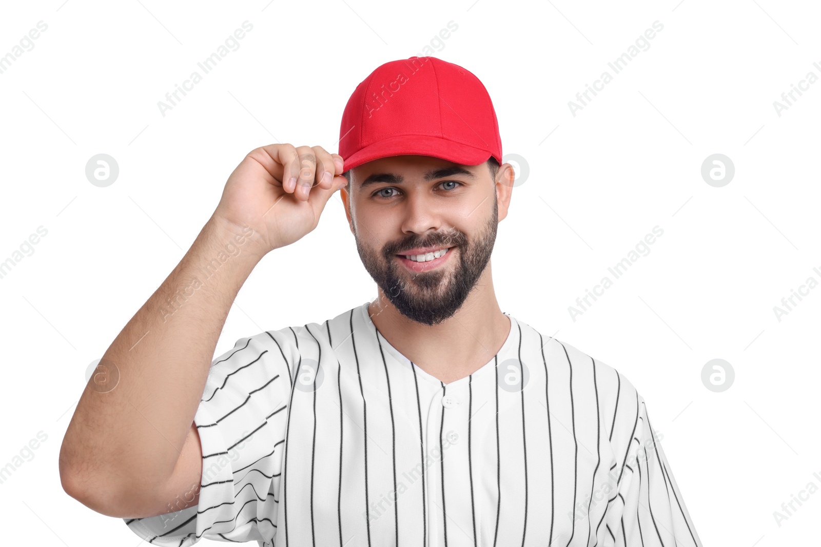 Photo of Man in stylish red baseball cap on white background