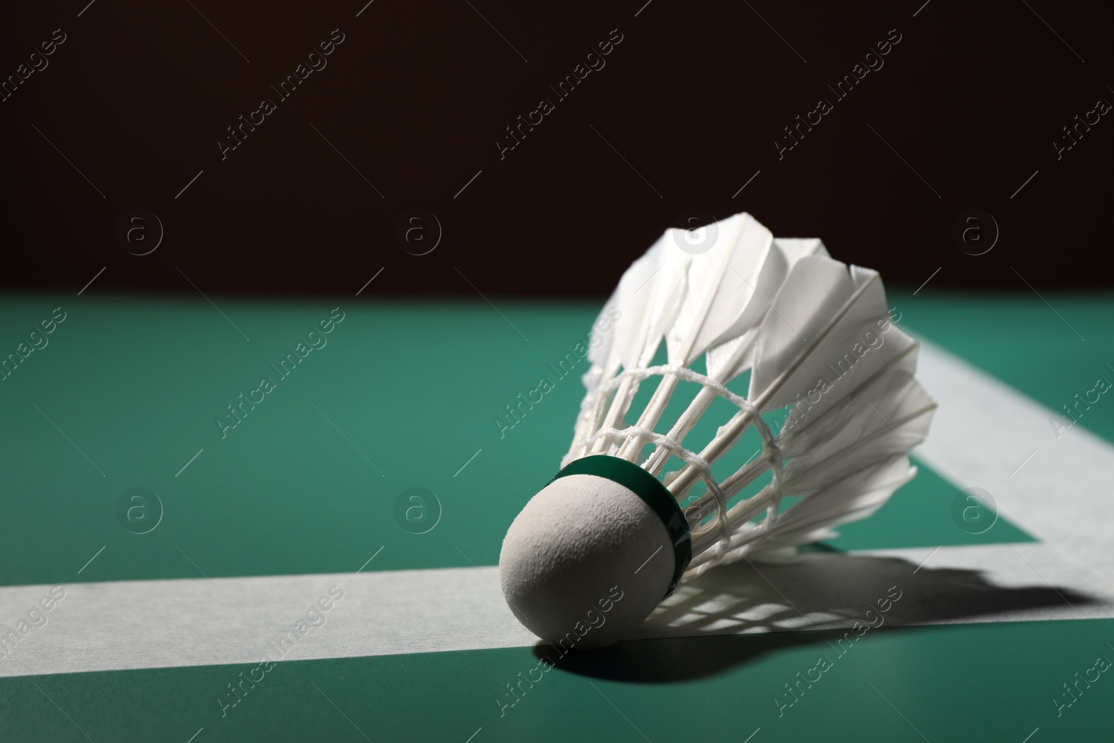 Photo of Feather badminton shuttlecock on court, space for text