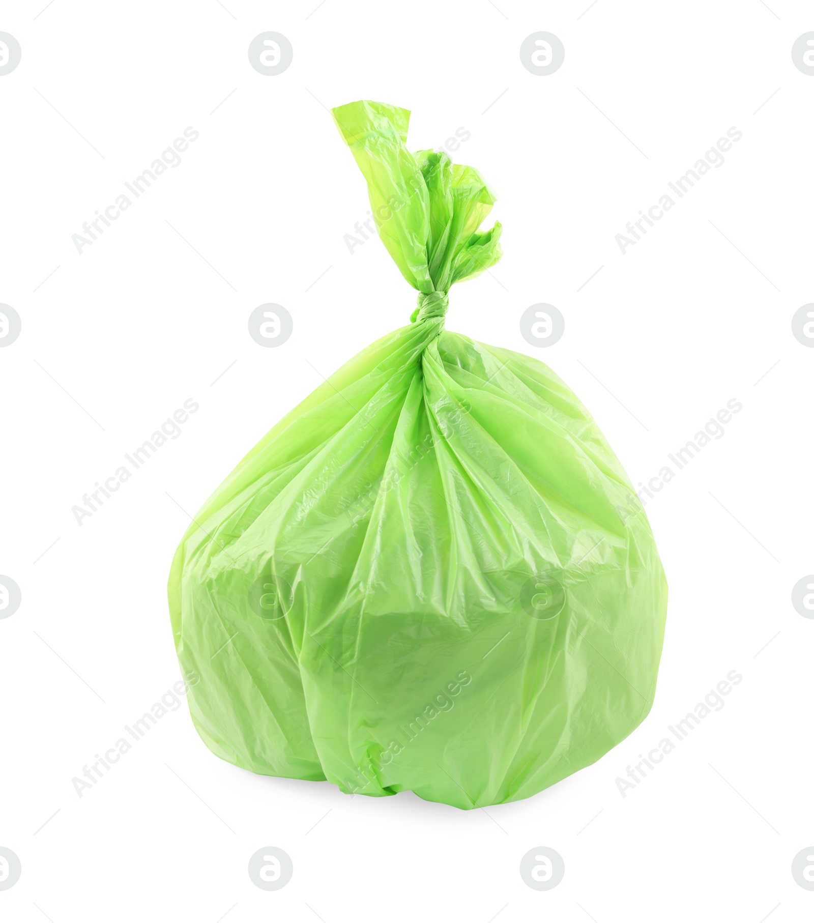 Photo of Green plastic garbage bag isolated on white