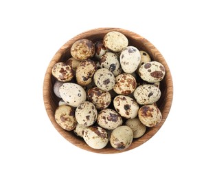 Wooden bowl with quail eggs isolated on white, top view