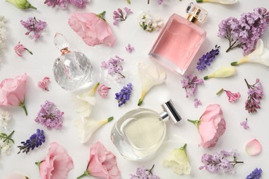 Photo of Luxury perfumes and floral decor on white background, flat lay