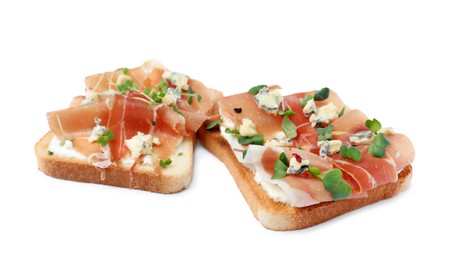 Photo of Delicious sandwiches with prosciutto, microgreens and cheese on white background