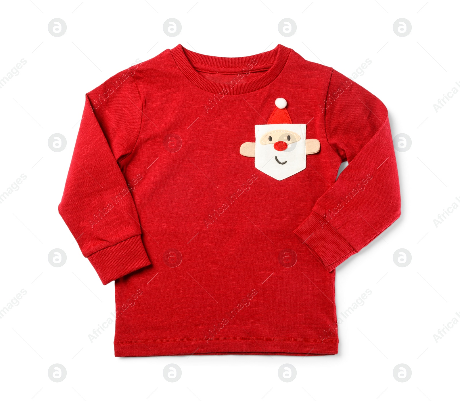 Photo of Red jumper with Santa Claus face isolated on white, top view. Christmas baby clothes