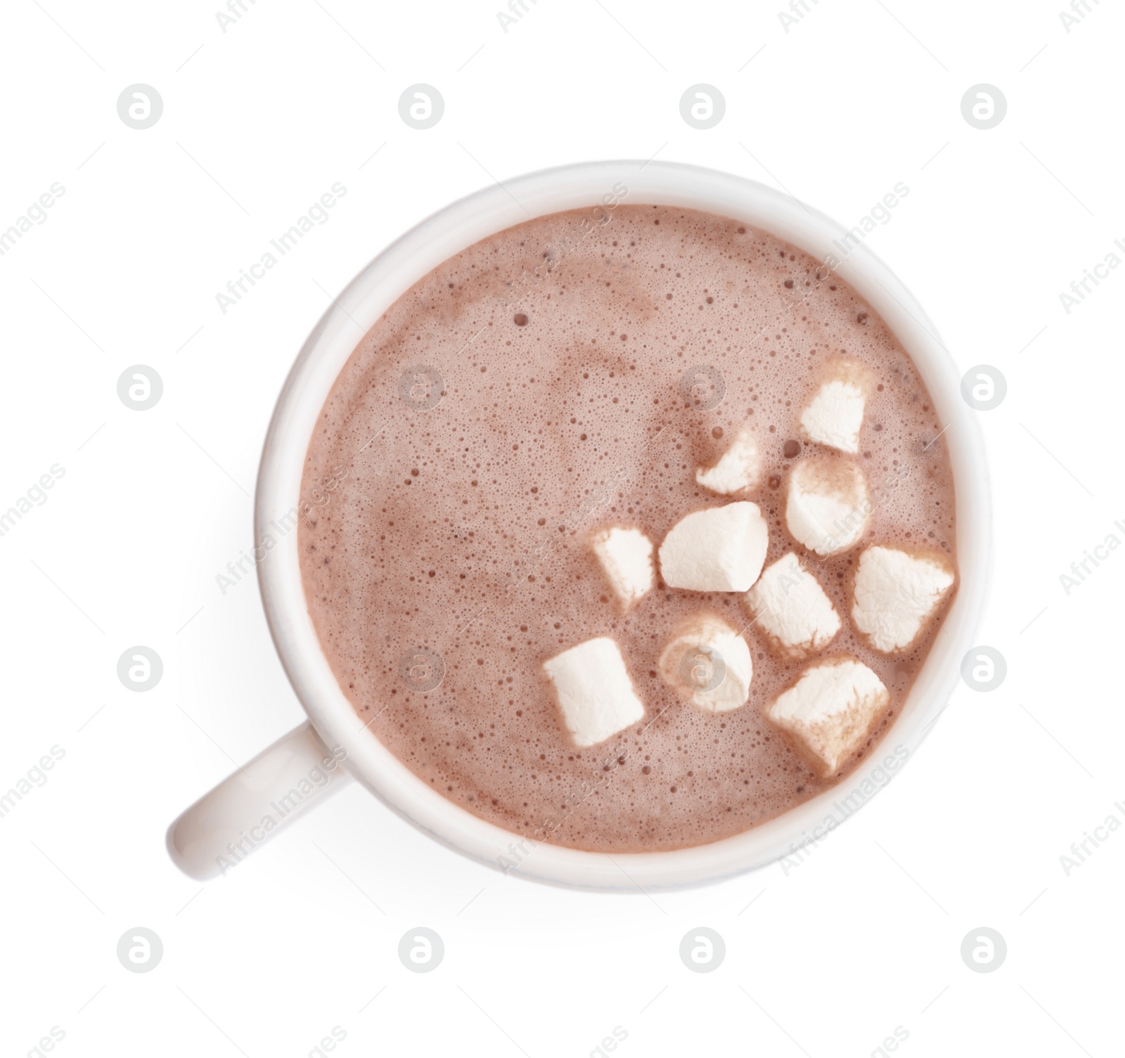 Photo of Delicious cocoa drink with marshmallows in cup on white background, top view