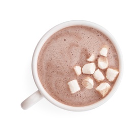 Photo of Delicious cocoa drink with marshmallows in cup on white background, top view