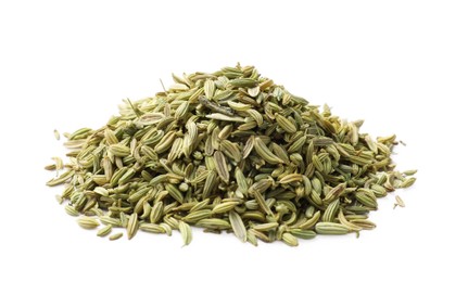 Pile of dry fennel seeds isolated on white