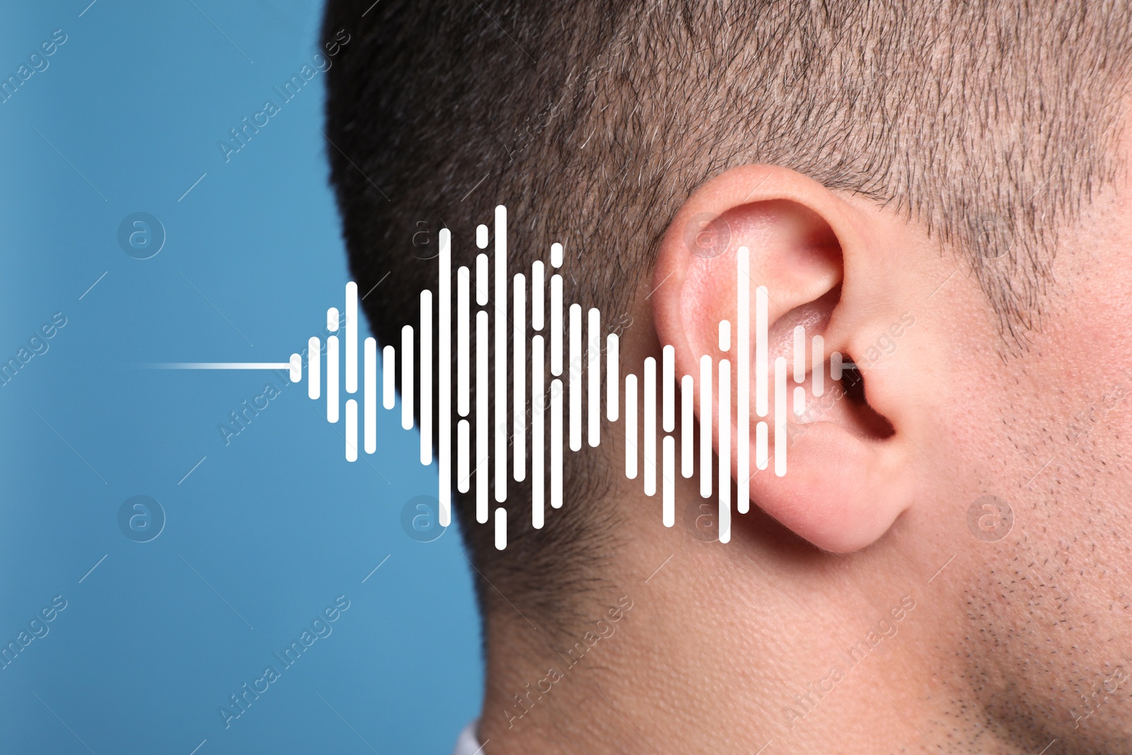 Image of Hearing loss concept. Man and sound waves illustration on light blue background, closeup