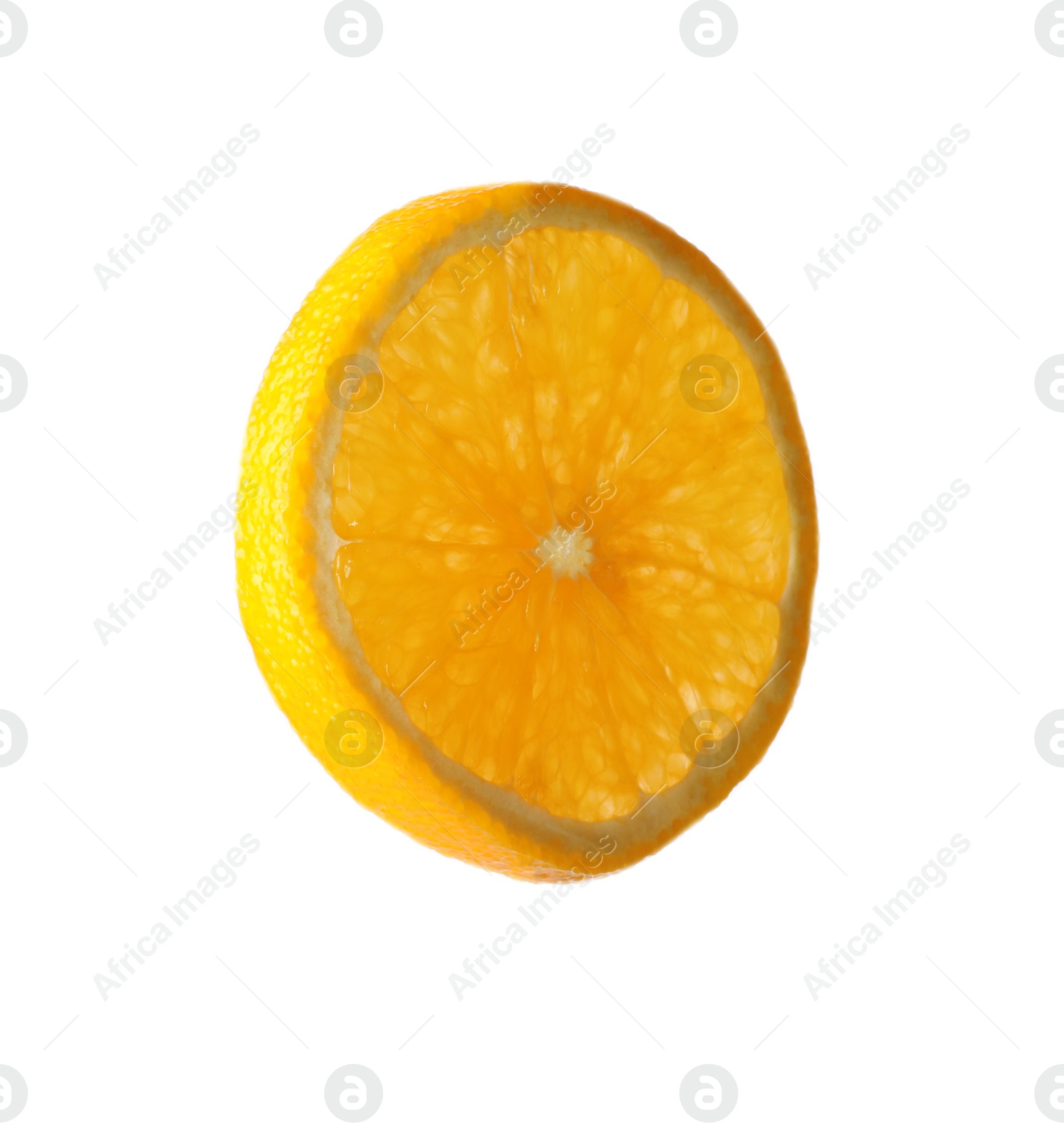 Photo of Slice of ripe orange on white background