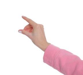 Woman holding something on white background, closeup of hand