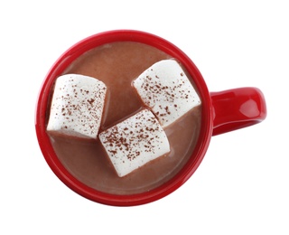 Photo of Hot drink with marshmallows in red cup isolated on white, top view