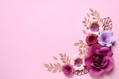 Photo of Different beautiful flowers and branches made of paper on pink background, flat lay. Space for text