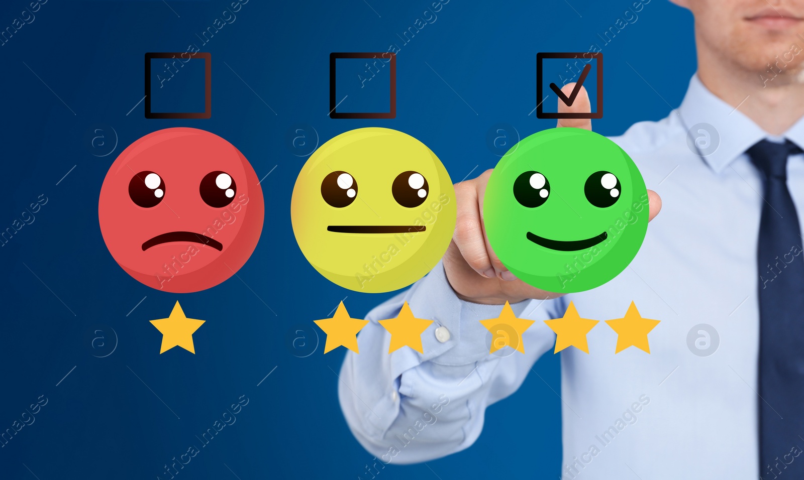 Image of Man pointing at virtual emoticon to give feedback on blue, closeup