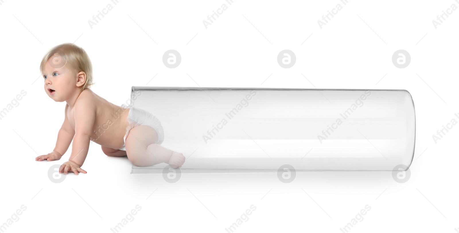 Image of Little baby and test tube on white background, banner design. Reproductive medicine