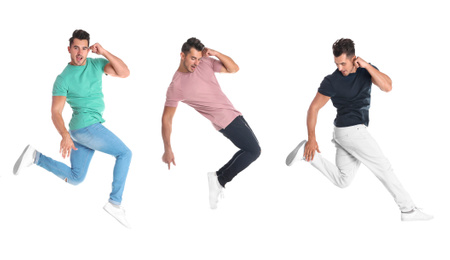 Collage of emotional young man wearing fashion clothes jumping on white background