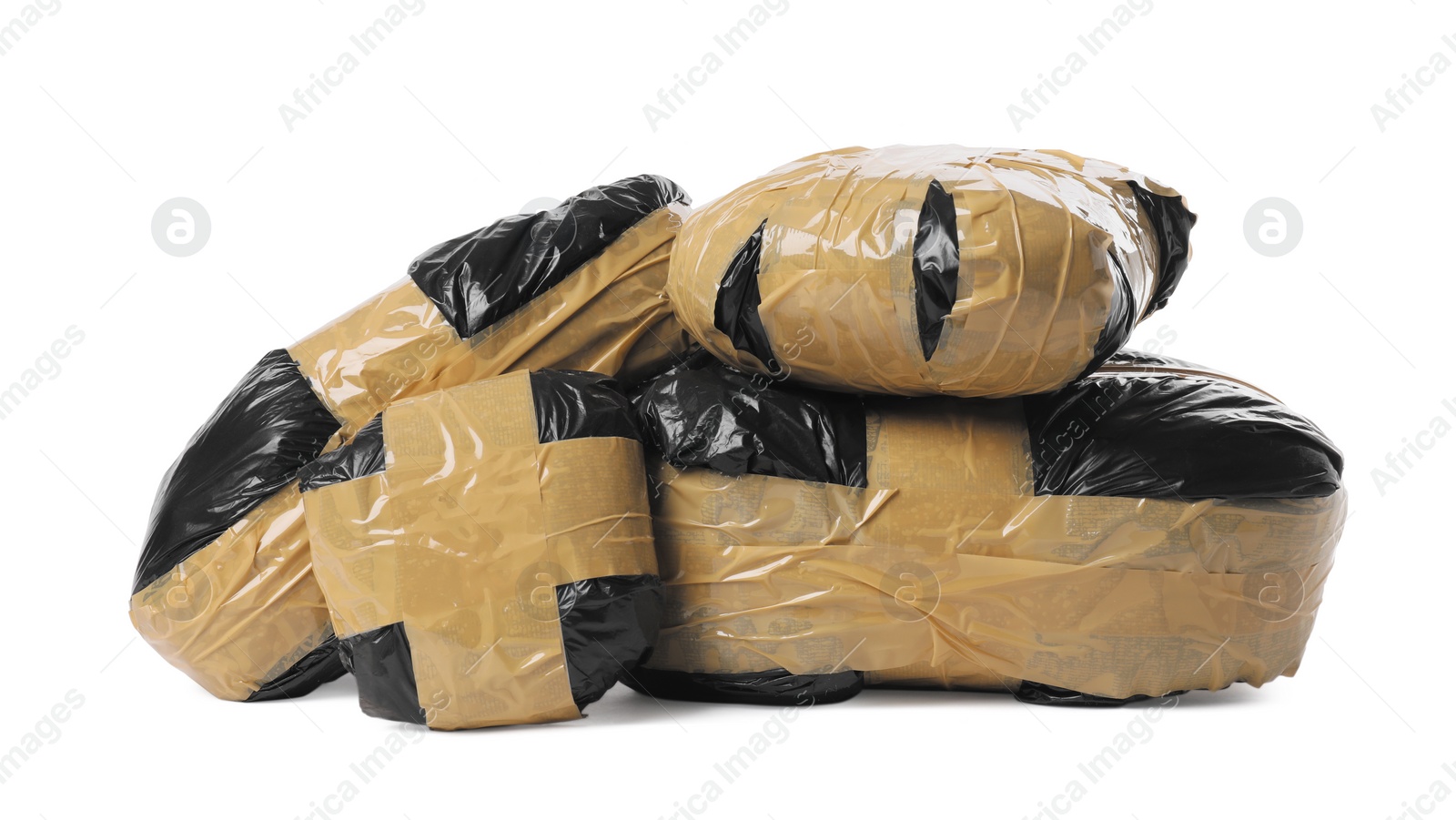 Photo of Packages with narcotics isolated on white. Drug addiction