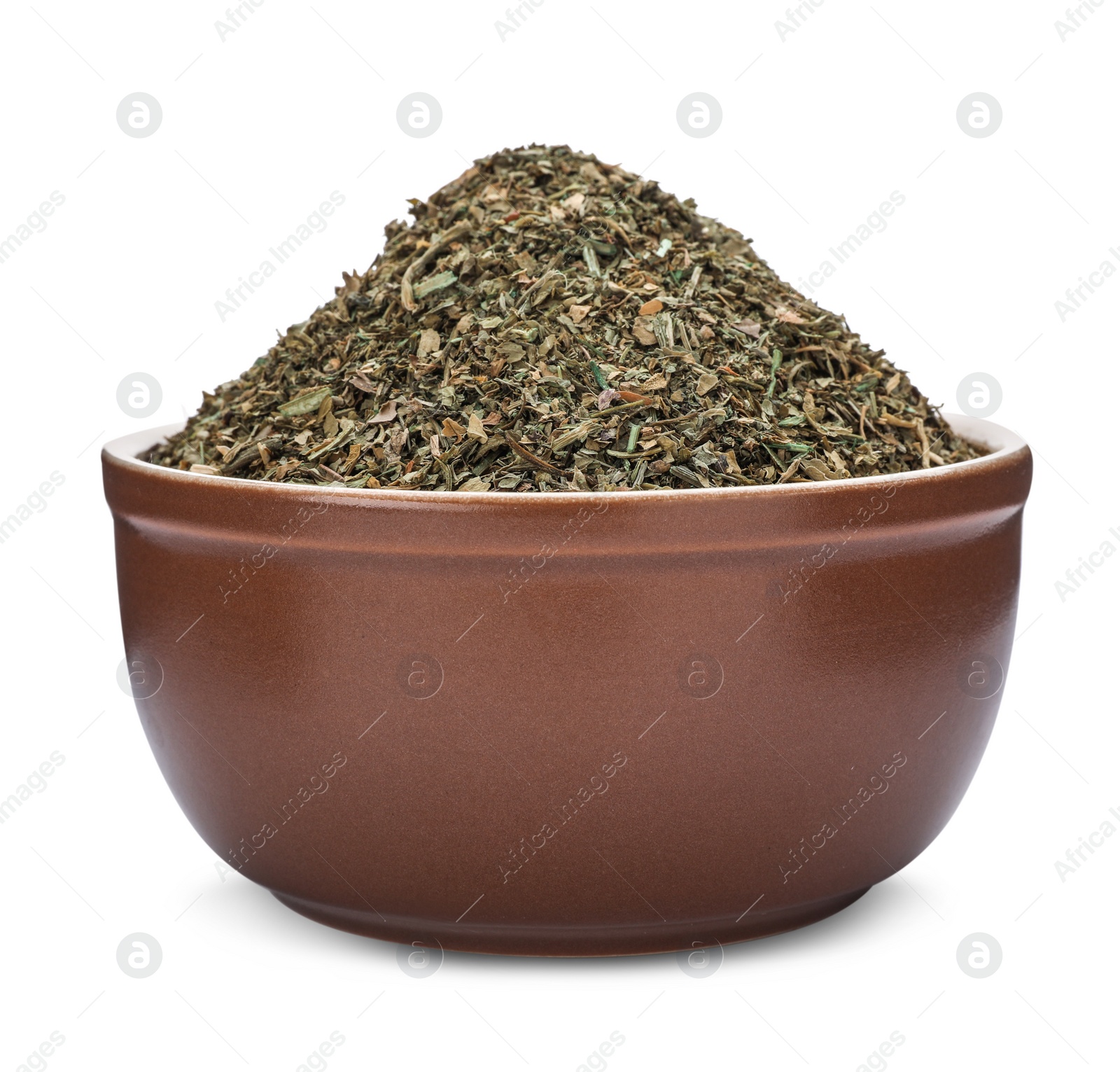 Photo of Bowl with dried parsley on white background