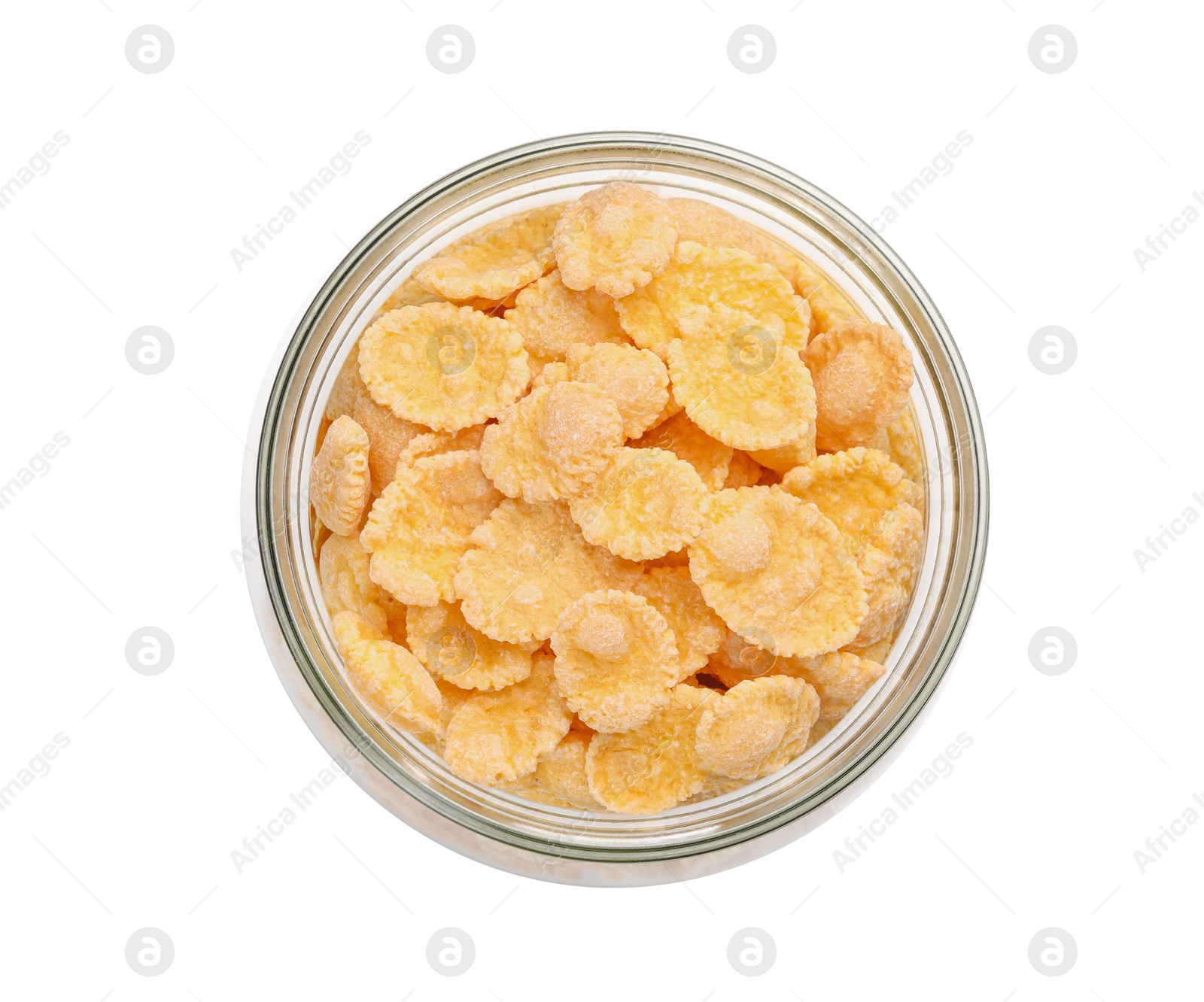 Photo of Jar of tasty corn flakes isolated on white, top view