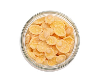Photo of Jar of tasty corn flakes isolated on white, top view